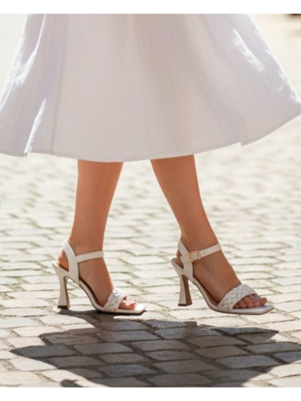 White Braided Strap High Heel Sandals With Square Toe & Adjustable Buckle Closur - Picture 13 of 16